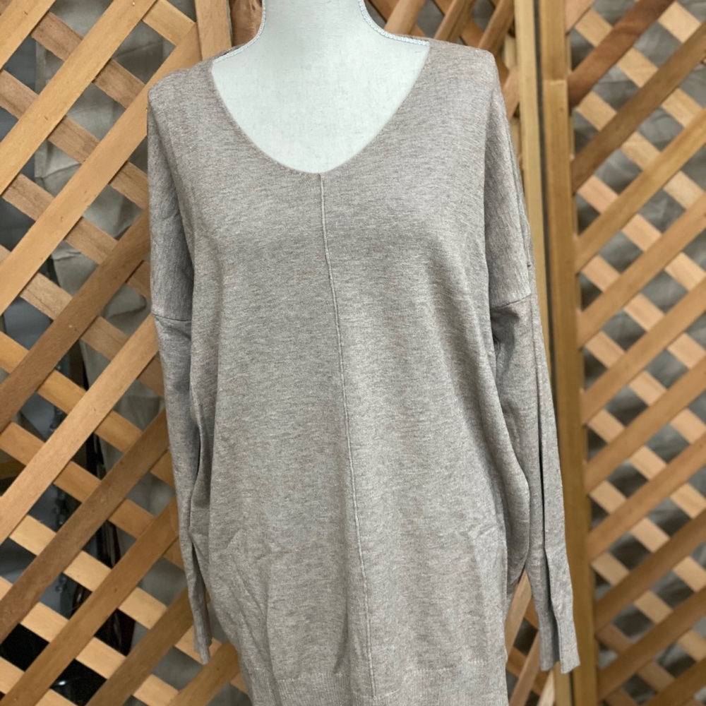 Dreamers Light Taupe V-Neck Knit Tunic Sweater